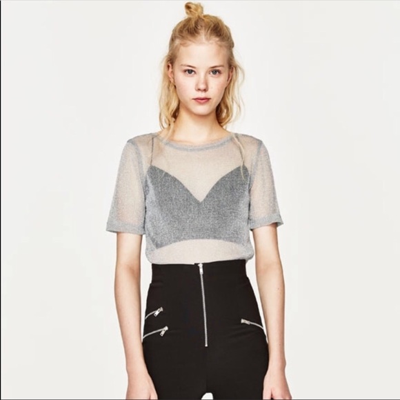 Zara | Tops | Sale Nye Zara Mesh Sparkly Silver Tshirt | Poshmark
